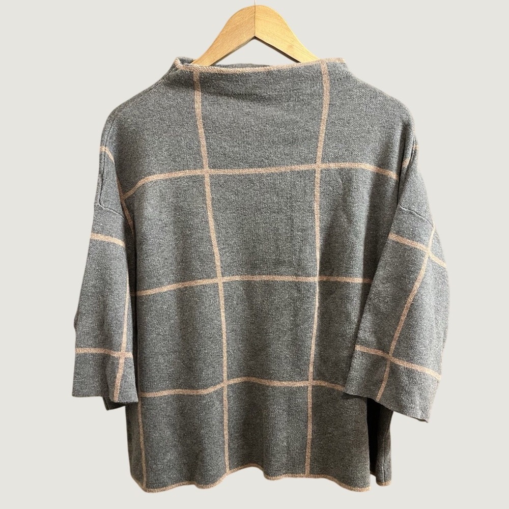 Ann Taylor Factory Plaid Mock Neck Top Womens M Grey Pink Windowpane 3/4 Sleeve